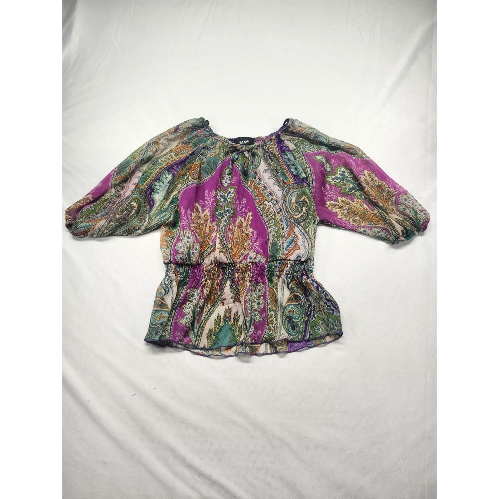 BCX Girl Purple Paisley Smocked Peasant Blouse Sheer Lined Top Small